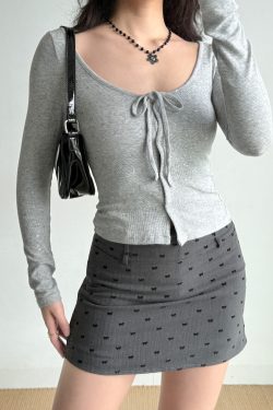 U-neck Tie Bow Rhinestone Long Sleeve Cardigan T-shirt in European American Style for Women - Trendy Y2K Fashion Top