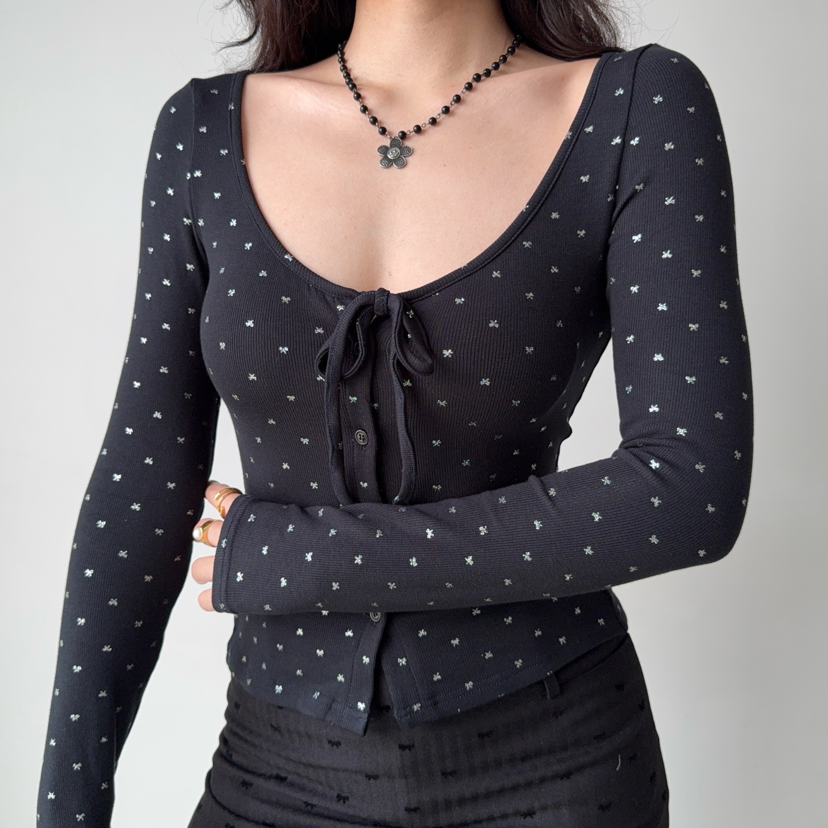 U-neck Tie Bow Rhinestone Long Sleeve Cardigan T-shirt in European American Style for Women - Trendy Y2K Fashion Top