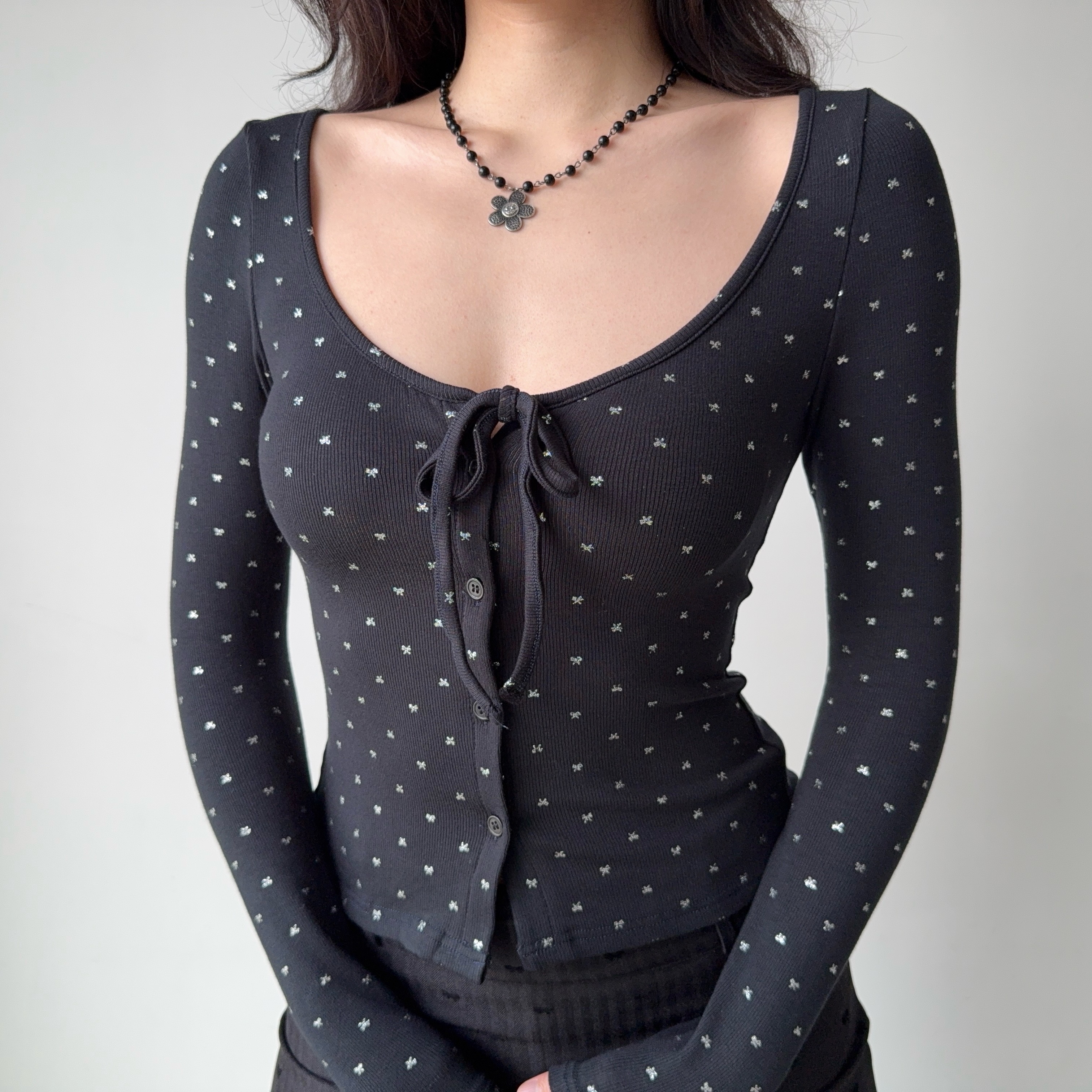 U-neck Tie Bow Rhinestone Long Sleeve Cardigan T-shirt in European American Style for Women - Trendy Y2K Fashion Top