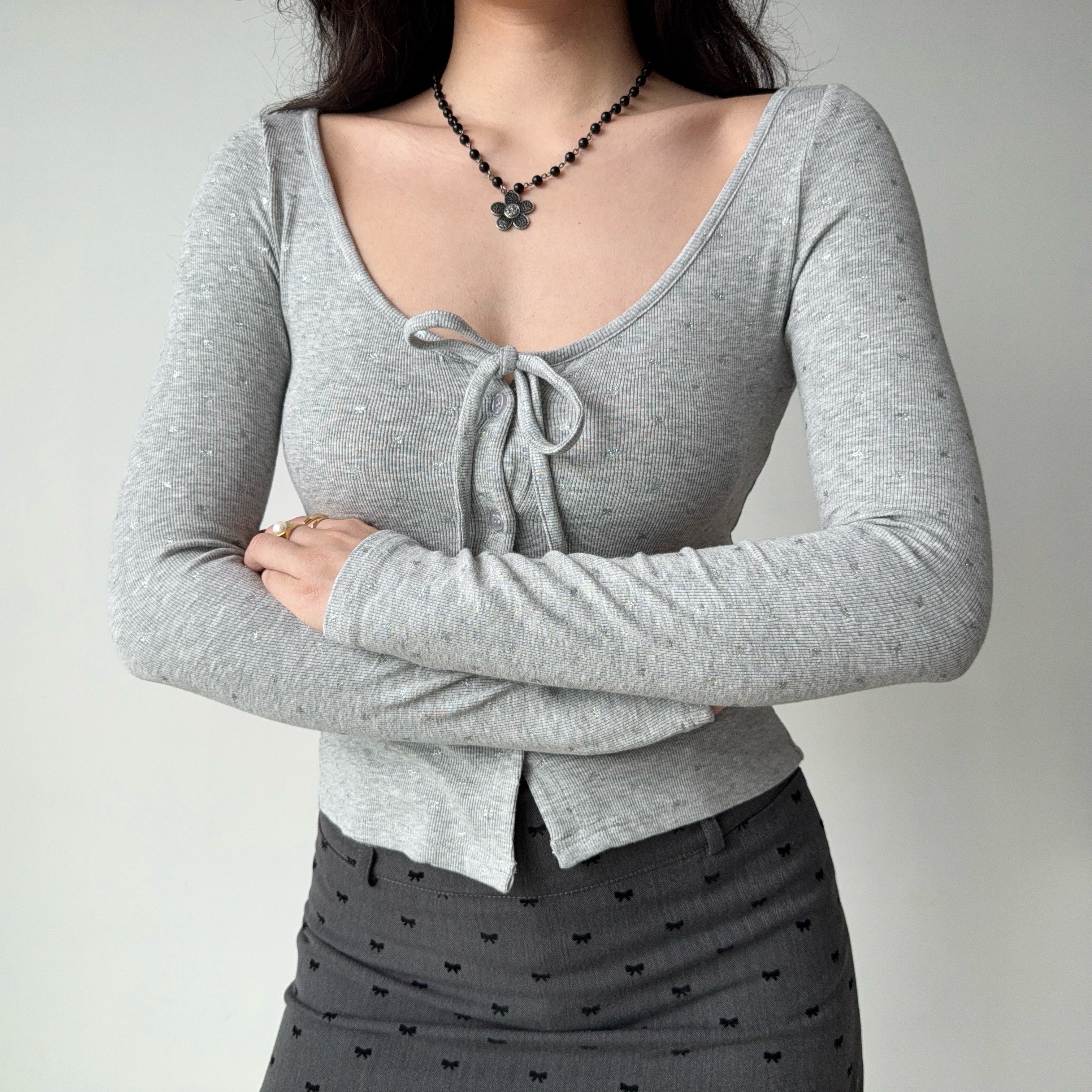 U-neck Tie Bow Rhinestone Long Sleeve Cardigan T-shirt in European American Style for Women - Trendy Y2K Fashion Top
