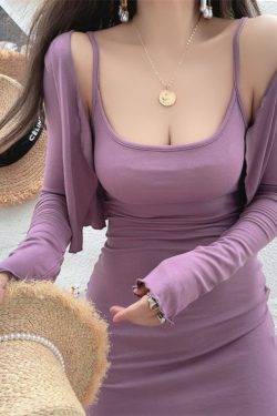 Ultra-Slim Sexy Retro Taro Purple Bodycon Camisole Dress with Wave Cardigan Set - Y2K Style