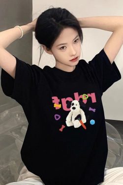 Unisex American Retro Cartoon Dog Pure Cotton Short Sleeve T-Shirt, Plus Size, Loose Fit, Casual Couple Top, Vintage Style
