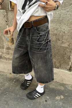 Unisex American Retro Washed Lightning Pattern Loose Fit Seven-Point Denim Shorts - Streetwear Summer Style