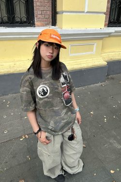 Unisex Retro Distressed Camouflage Patch Embroidered Short-Sleeve T-Shirt - Summer Casual Versatile Base Shirt for 90s Style