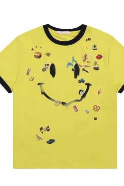 Unisex Smiley Face Printed Short-Sleeve T-Shirt - Casual Summer Base Layer in American Style, Perfect for 90s and Y2K Fashion
