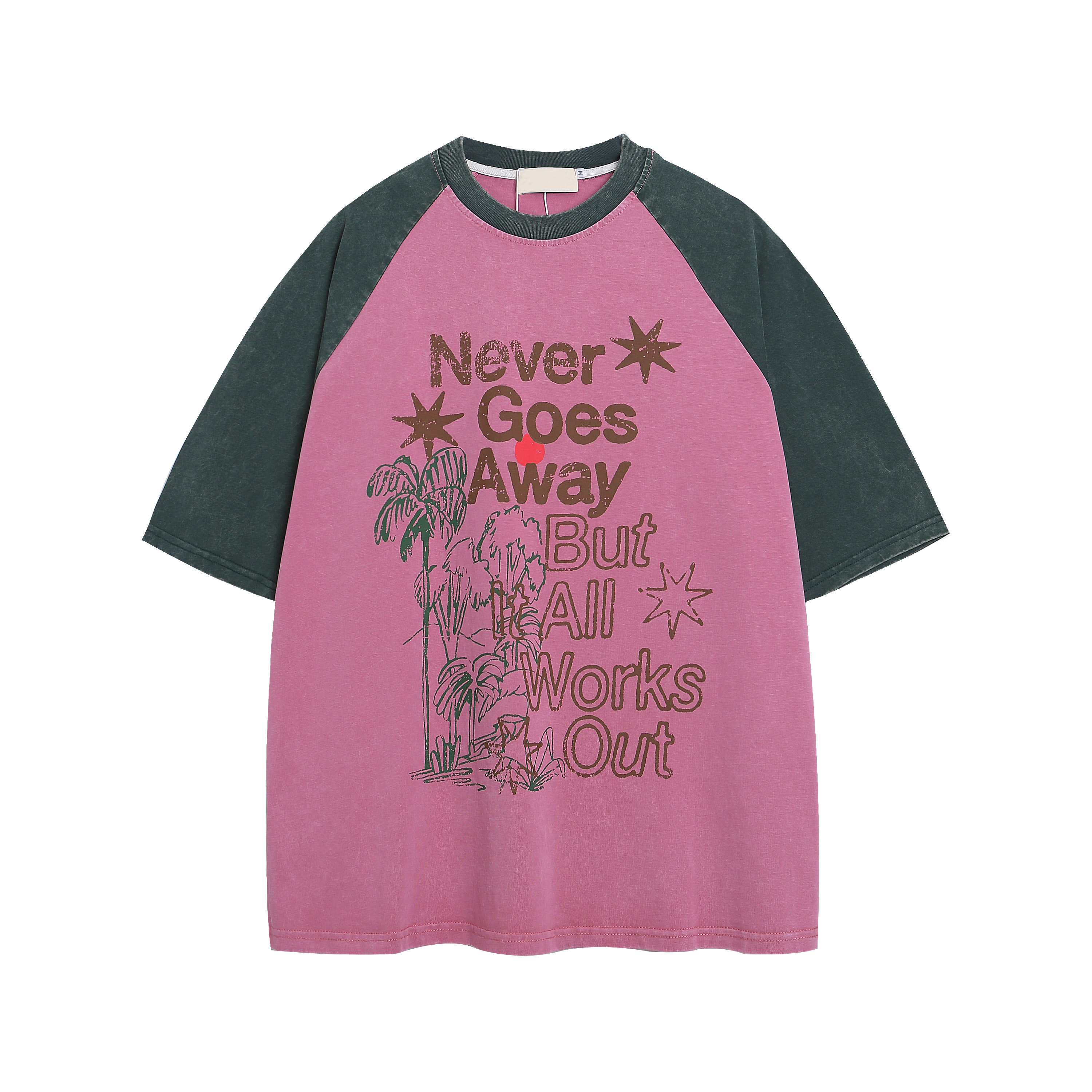 Unisex Summer Washed Letter Print Raglan T-Shirt, Casual Loose Fit Top, 90s American Style Short Sleeve Tee for Men and Women