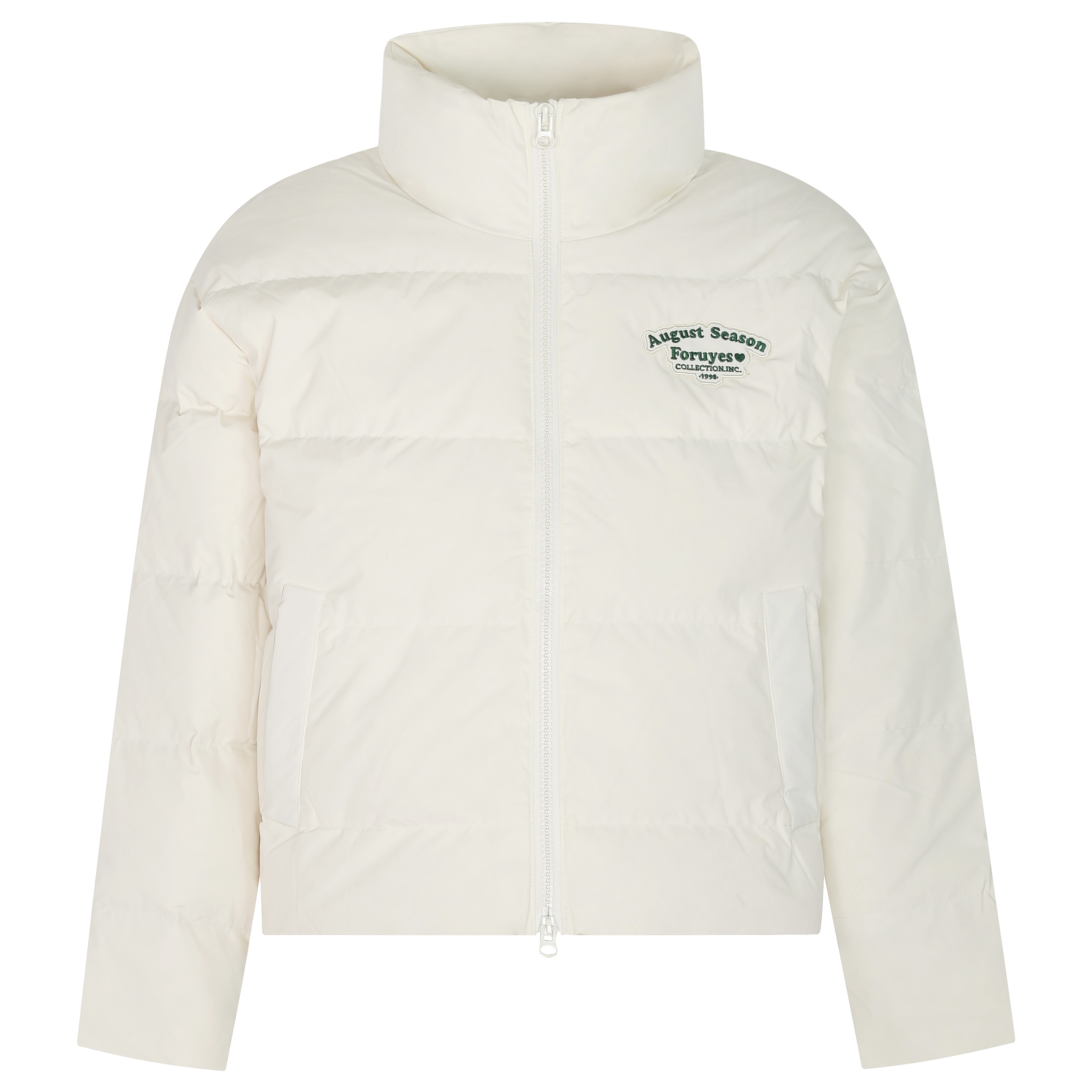Unisex White Duck Down Jacket with Embroidered Slogan, Stand Collar, Loose Fit - Trendy Winter Coat for Men and Women