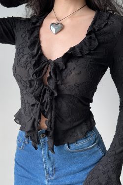 V-neck Ruffled Lace Tie Shirt for Women - Slim Fit Long Sleeve Cardigan - European American Style - Y2K Fashion Top