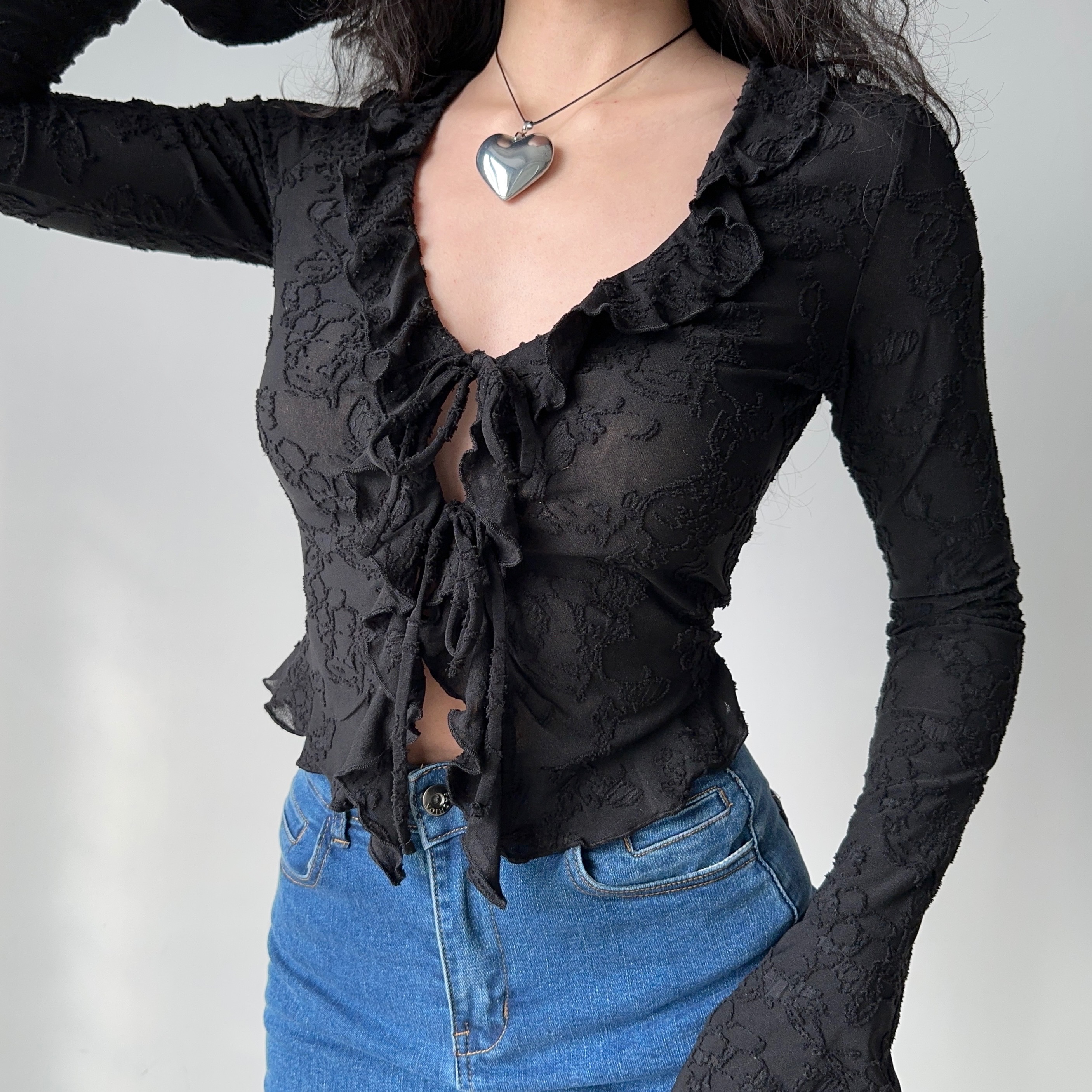V-neck Ruffled Lace Tie Shirt for Women - Slim Fit Long Sleeve Cardigan - European American Style - Y2K Fashion Top