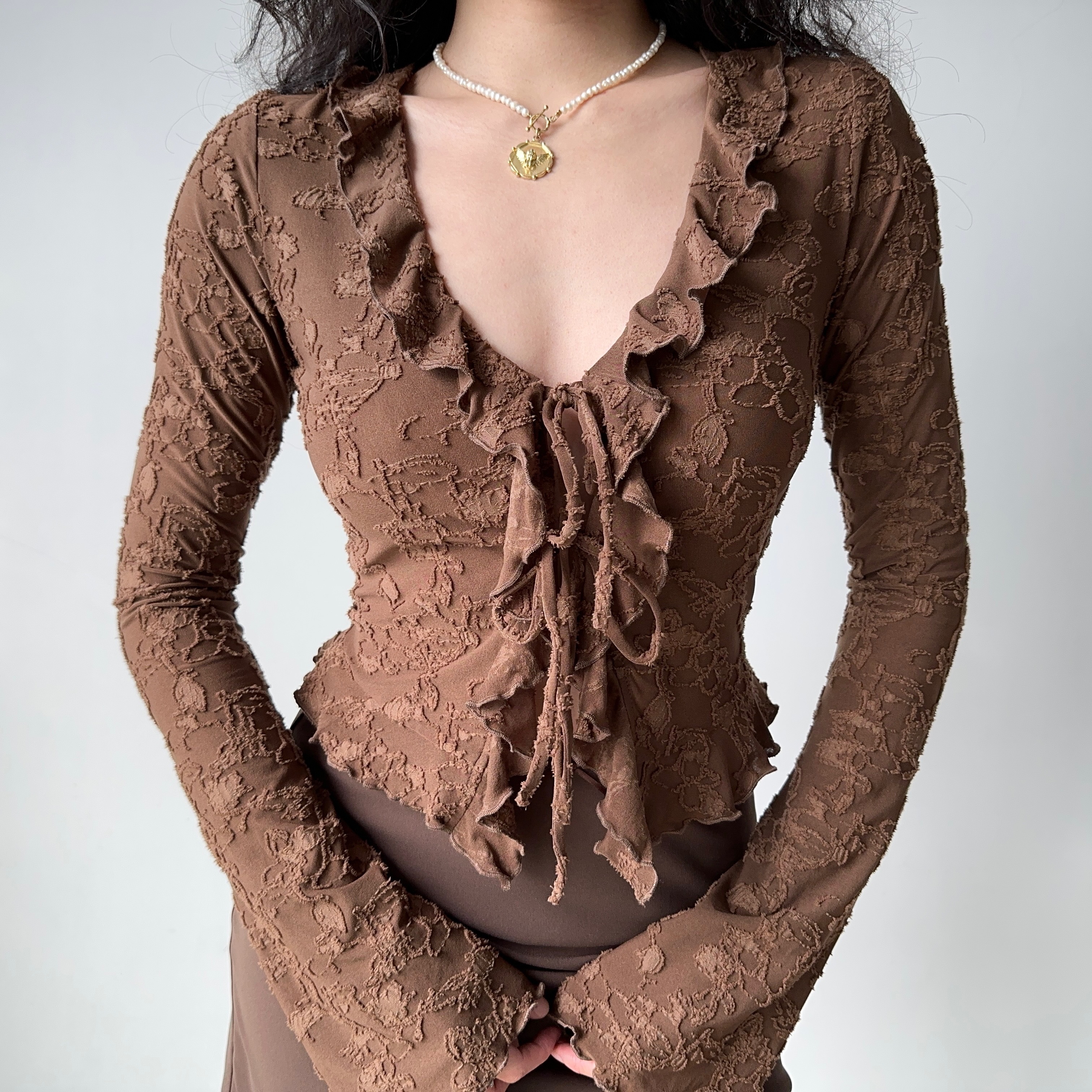 V-neck Ruffled Lace Tie Shirt for Women - Slim Fit Long Sleeve Cardigan - European American Style - Y2K Fashion Top