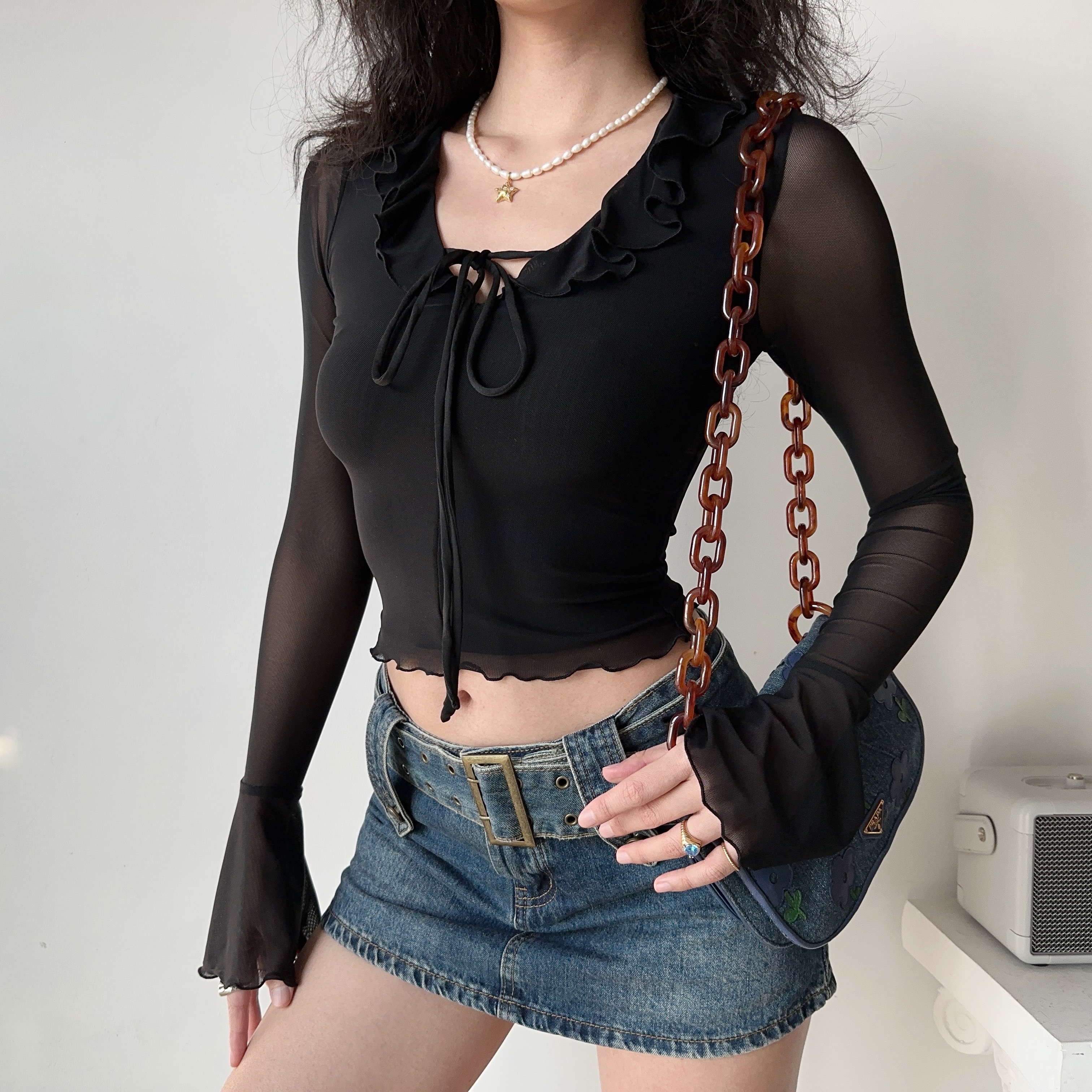 V-neck Ruffled Tie Black Mesh Long Sleeve T-shirt for Women - European American Style, Slim Fit, Trendy Y2K Fashion Top