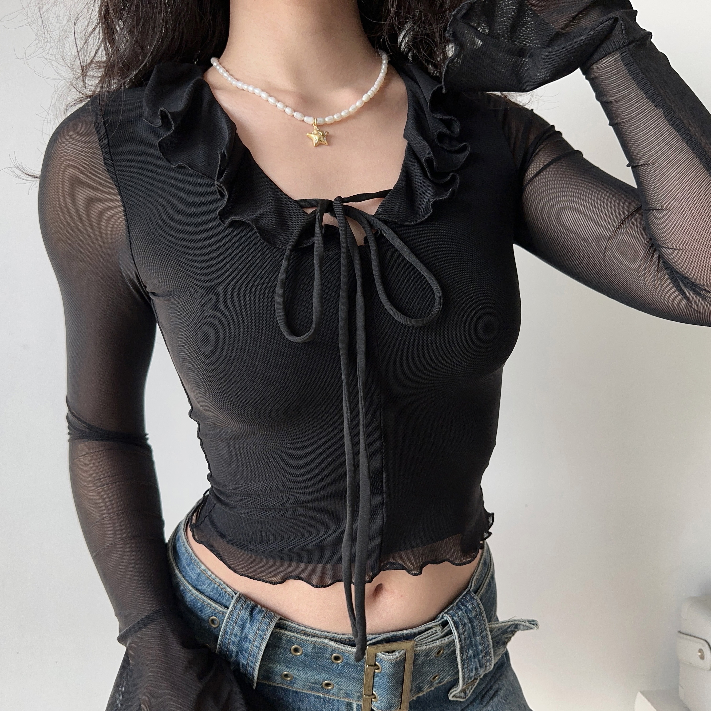 V-neck Ruffled Tie Black Mesh Long Sleeve T-shirt for Women - European American Style, Slim Fit, Trendy Y2K Fashion Top
