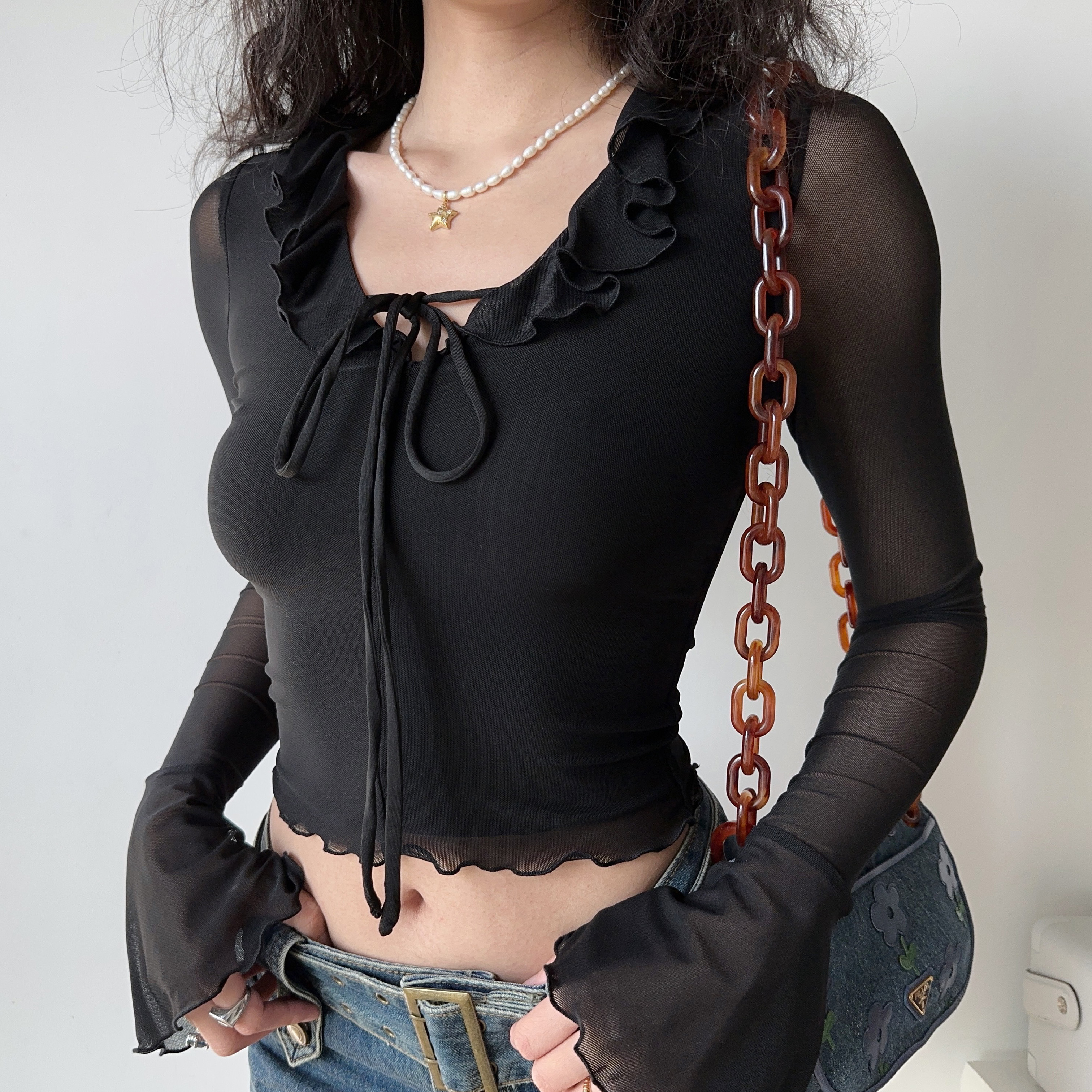V-neck Ruffled Tie Black Mesh Long Sleeve T-shirt for Women - European American Style, Slim Fit, Trendy Y2K Fashion Top