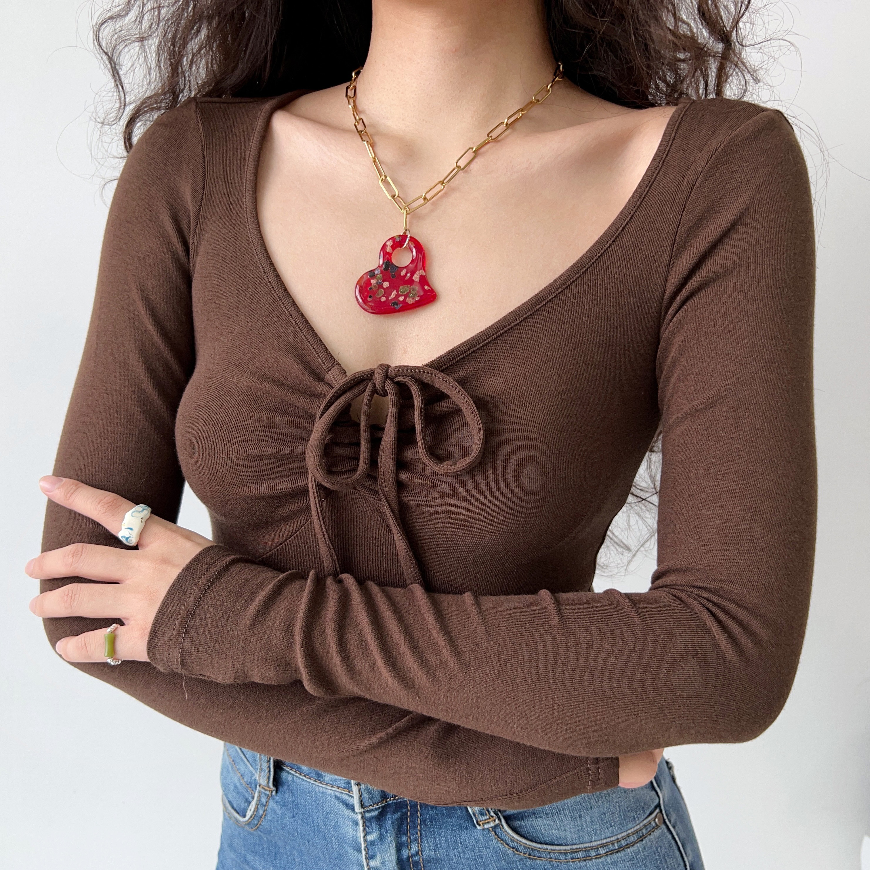Versatile Front-Tie V-Neck Long Sleeve Slim-Fit T-Shirt for Women - European and American Style Fashion Top
