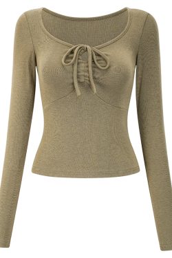Versatile Front-Tie V-Neck Long Sleeve Slim-Fit T-Shirt for Women - European and American Style Fashion Top