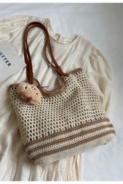 Versatile Knitted Cotton Yarn Tote Bag for Women - 2025 Autumn Fashion Woven Shoulder Bag for Commuting and Everyday Use