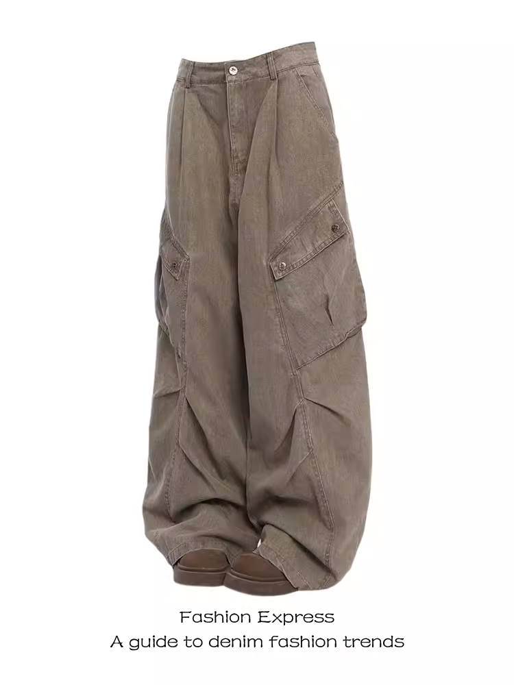Vintage American High Street Pleated Workwear Jeans for Women - Loose Floor-Length Pants for Autumn and Winter Fashion