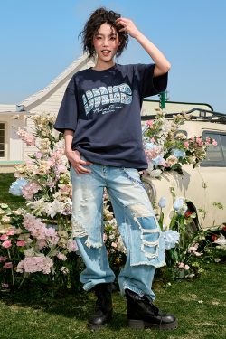 Vintage American Letter Print Short Sleeve T-Shirt - Unisex Heavyweight Summer Streetwear 2025