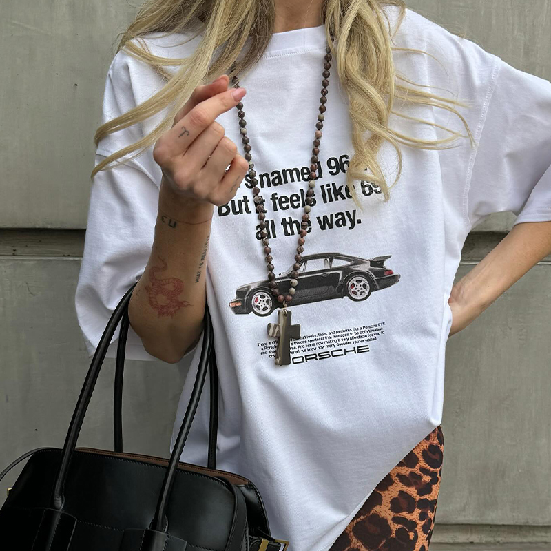 Vintage American Retro Car Pattern Oversized Short-Sleeve T-Shirt for Women - Summer Y2K Trendy Hot Girl Top
