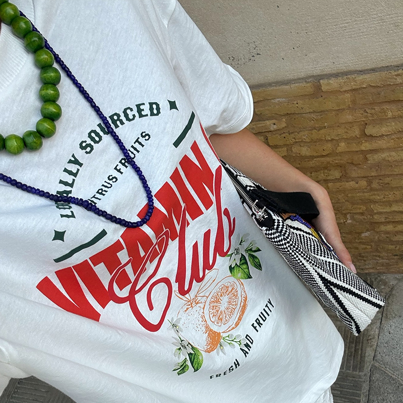 Vintage American Retro Fruit Print Oversized Short Sleeve T-Shirt for Women - Trendy Y2K Style Cotton Top