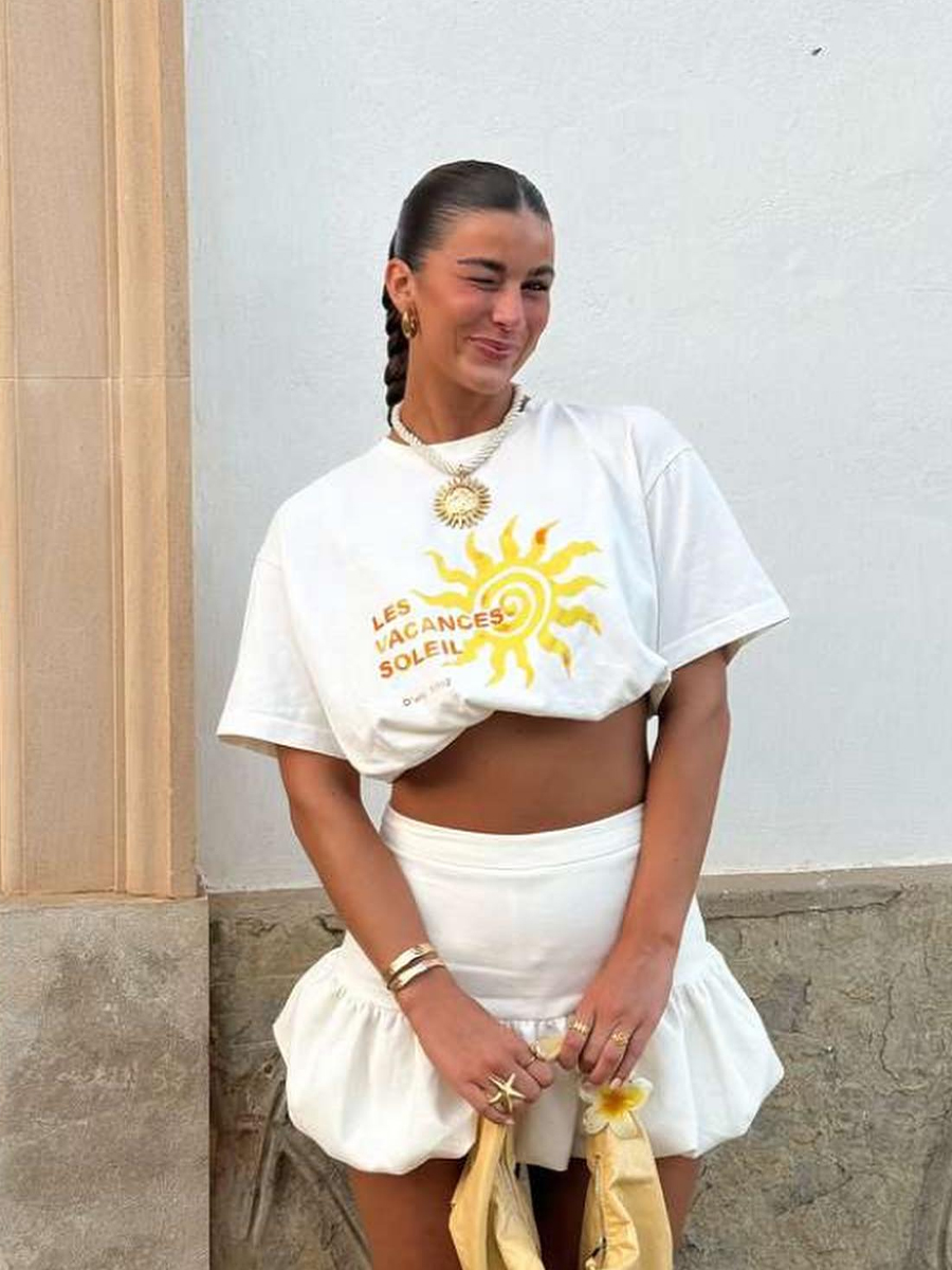Vintage American Retro Sun Print Oversized Cotton Short Sleeve T-Shirt for Women - Trendy Summer Casual Top