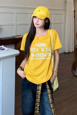 Vintage American Round Neck Printed Letter Short Sleeve T-Shirt for Women - Korean Style Summer Loose Fit Hot Girl Top