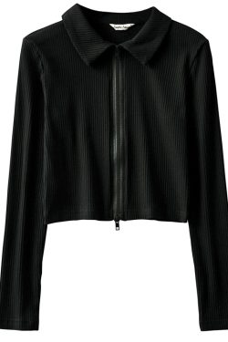 Vintage American Style High-Waisted Ribbed Long Sleeve T-Shirt Cardigan with Double-Head Zipper and Small Lapel