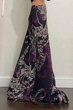 Vintage Black Purple Gradient A-Line Dress with Exotic Ancient Vine Design - Women's Retro Mid-Length Fashion