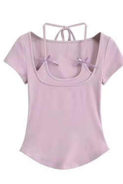 Vintage Bow Tie Elastic Slim Fit Short Sleeve T-Shirt for Women - DIY Spring Summer Vacation Style, Hot Girl Aesthetic