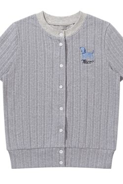 Vintage British Style Lightweight Twisted Short-Sleeve Cardigan with Small Dog Embroidery for Summer Fashion