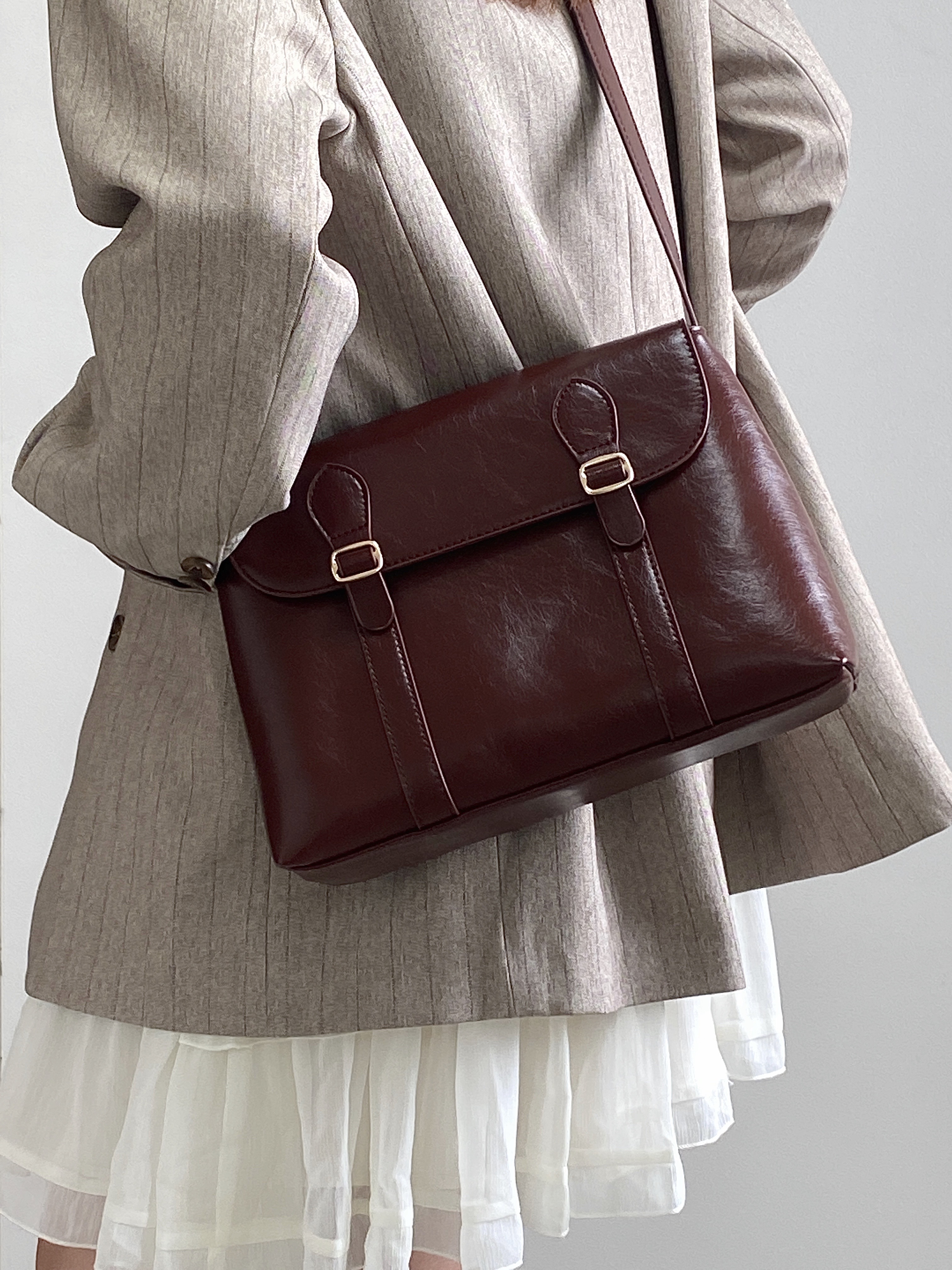 Vintage Burgundy Women's Messenger Tote Bag - High-End Shoulder Crossbody Bag in Hong Kong Style