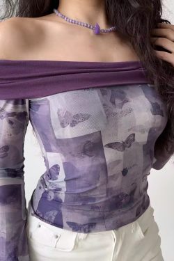 Vintage Butterfly Print One-Shoulder T-Shirt for Women - Slim Fit Flared Long Sleeve Top, Y2K Inspired Fashion