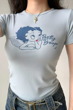 Vintage Cartoon Print Round Neck Short Sleeve T-shirt for Women - Slim Fit American Style Top