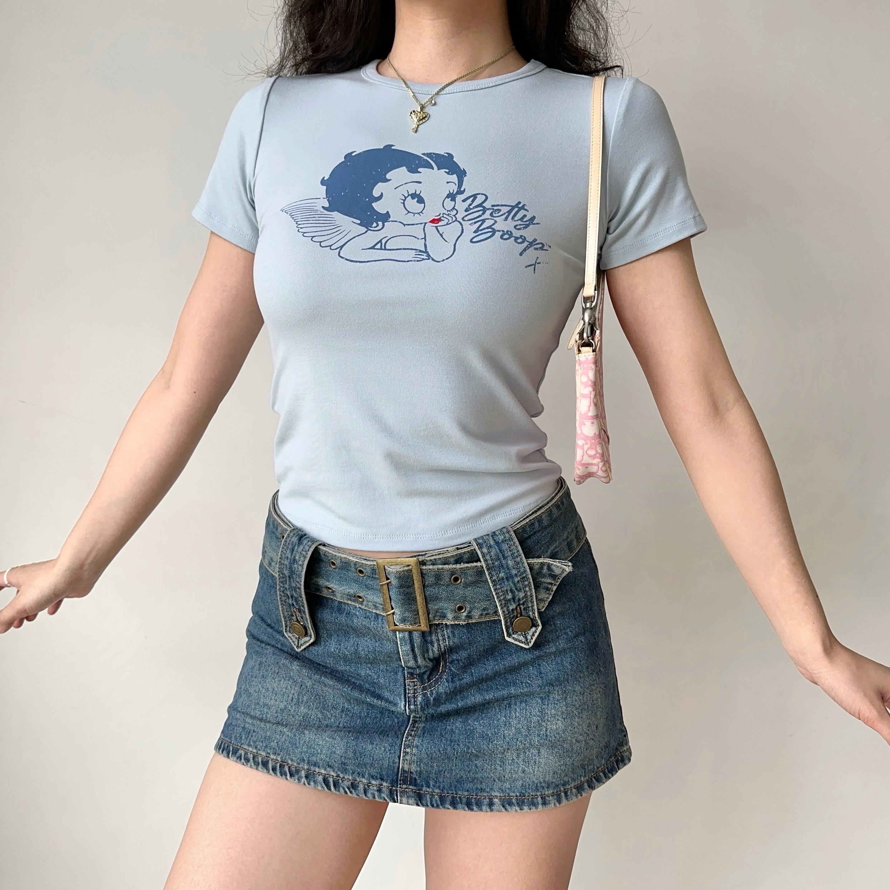 Vintage Cartoon Print Round Neck Short Sleeve T-shirt for Women - Slim Fit American Style Top