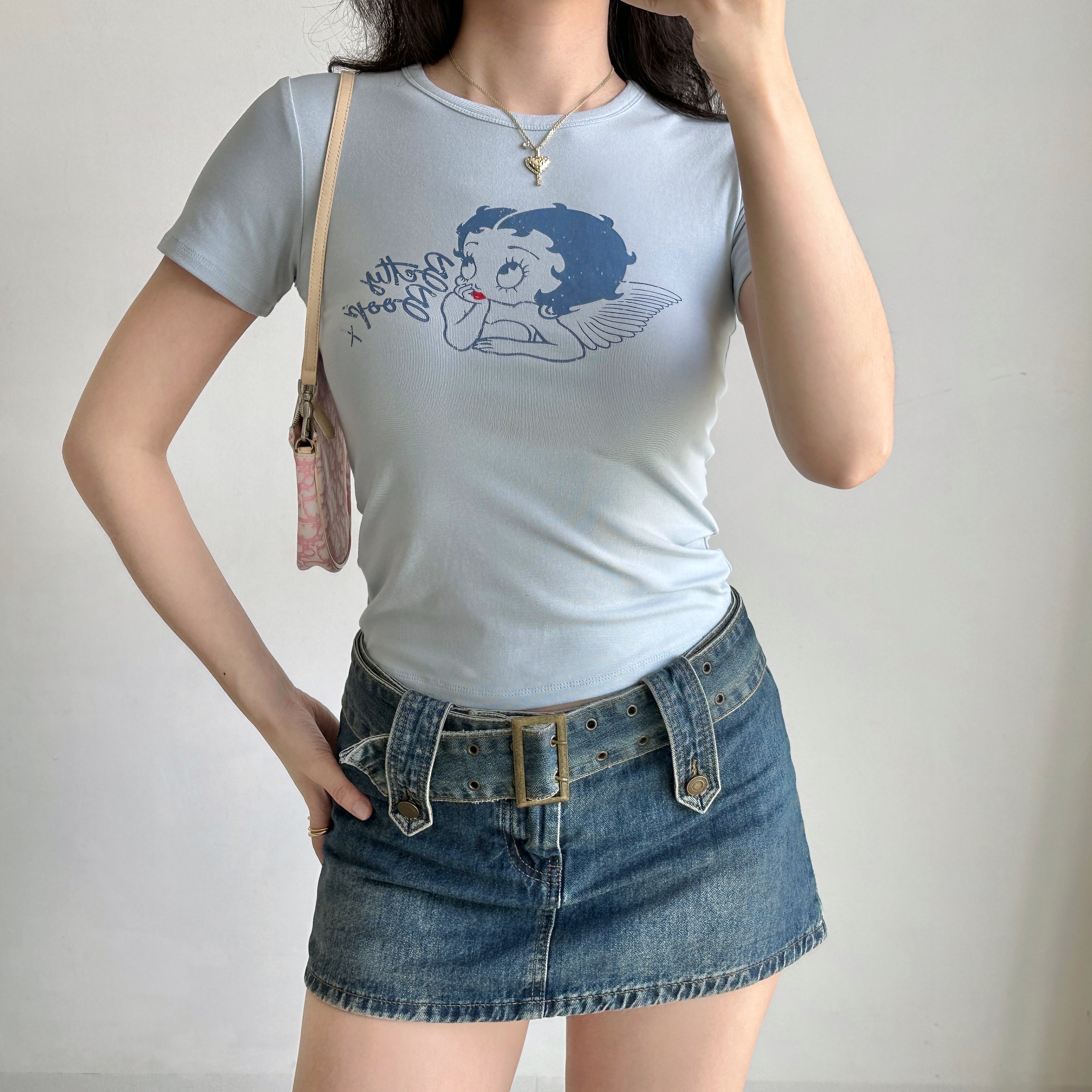 Vintage Cartoon Print Round Neck Short Sleeve T-shirt for Women - Slim Fit American Style Top