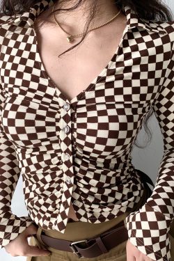 Vintage Checkered Long Sleeve Shirt with Deep V-Neck and Bell Sleeves for Women - European American Style Slim Fit Top