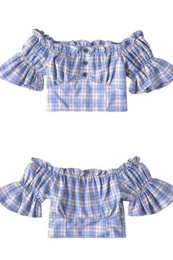 Vintage Checkered One-Shoulder Puff Sleeve Shirt Top – DIY Waist-Cinching Short-Sleeve Vacation Style