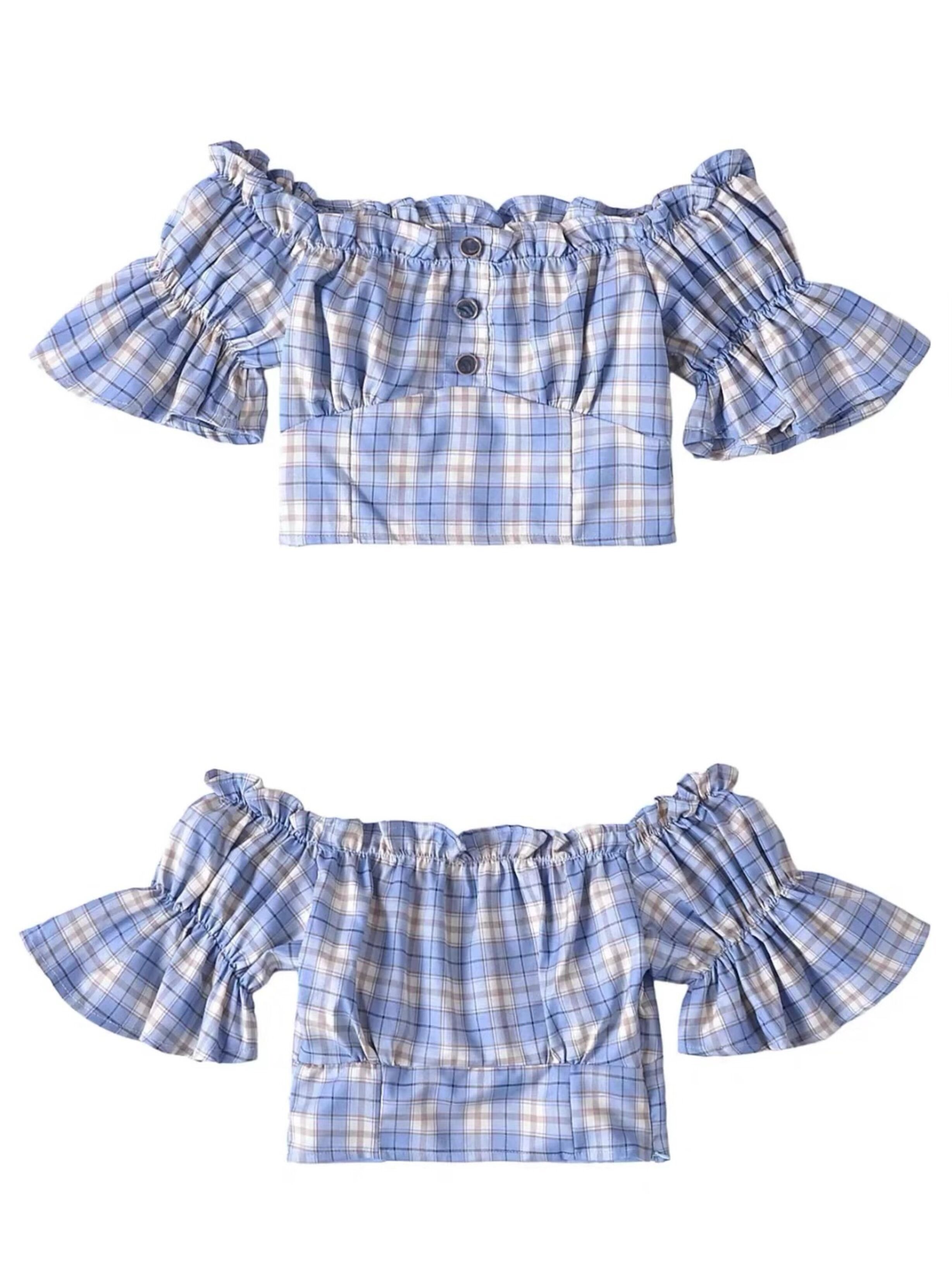Vintage Checkered One-Shoulder Puff Sleeve Shirt Top – DIY Waist-Cinching Short-Sleeve Vacation Style