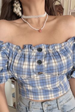 Vintage Checkered One-Shoulder Puff Sleeve Shirt Top – DIY Waist-Cinching Short-Sleeve Vacation Style