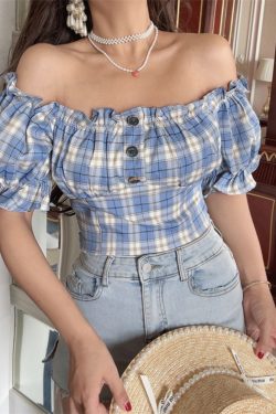 Vintage Checkered One-Shoulder Puff Sleeve Shirt Top – DIY Waist-Cinching Short-Sleeve Vacation Style