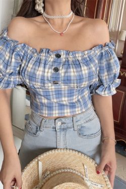 Vintage Checkered One-Shoulder Puff Sleeve Shirt Top – DIY Waist-Cinching Short-Sleeve Vacation Style