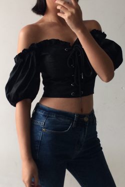 Vintage Court Puff Sleeve Ruffled Off-Shoulder Blouse with Waist Tie - High-Waisted Short Top for Y2K and Korean Style Fashion