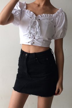 Vintage Court Puff Sleeve Ruffled Off-Shoulder Blouse with Waist Tie - High-Waisted Short Top for Y2K and Korean Style Fashion