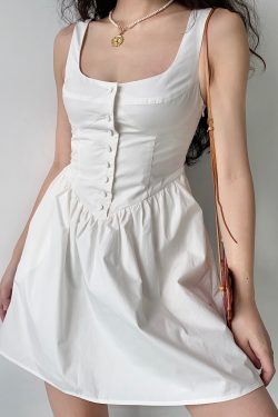 Vintage Court Style White Floral Pocket Tie Square Neck Sleeveless A-Line Dress for Women - Y2K Inspired Fashion