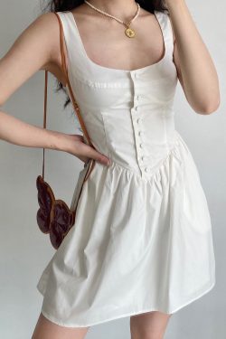 Vintage Court Style White Floral Pocket Tie Square Neck Sleeveless A-Line Dress for Women - Y2K Inspired Fashion