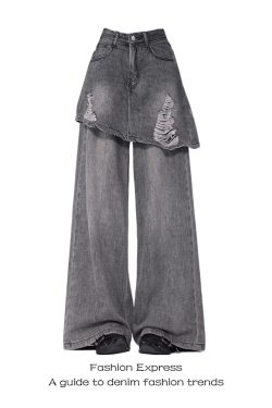 Vintage Distressed Denim Pants-Skirt One-Piece Women’s Ripped Straight-Leg Floor-Length for Spring & Autumn Fashion 2025