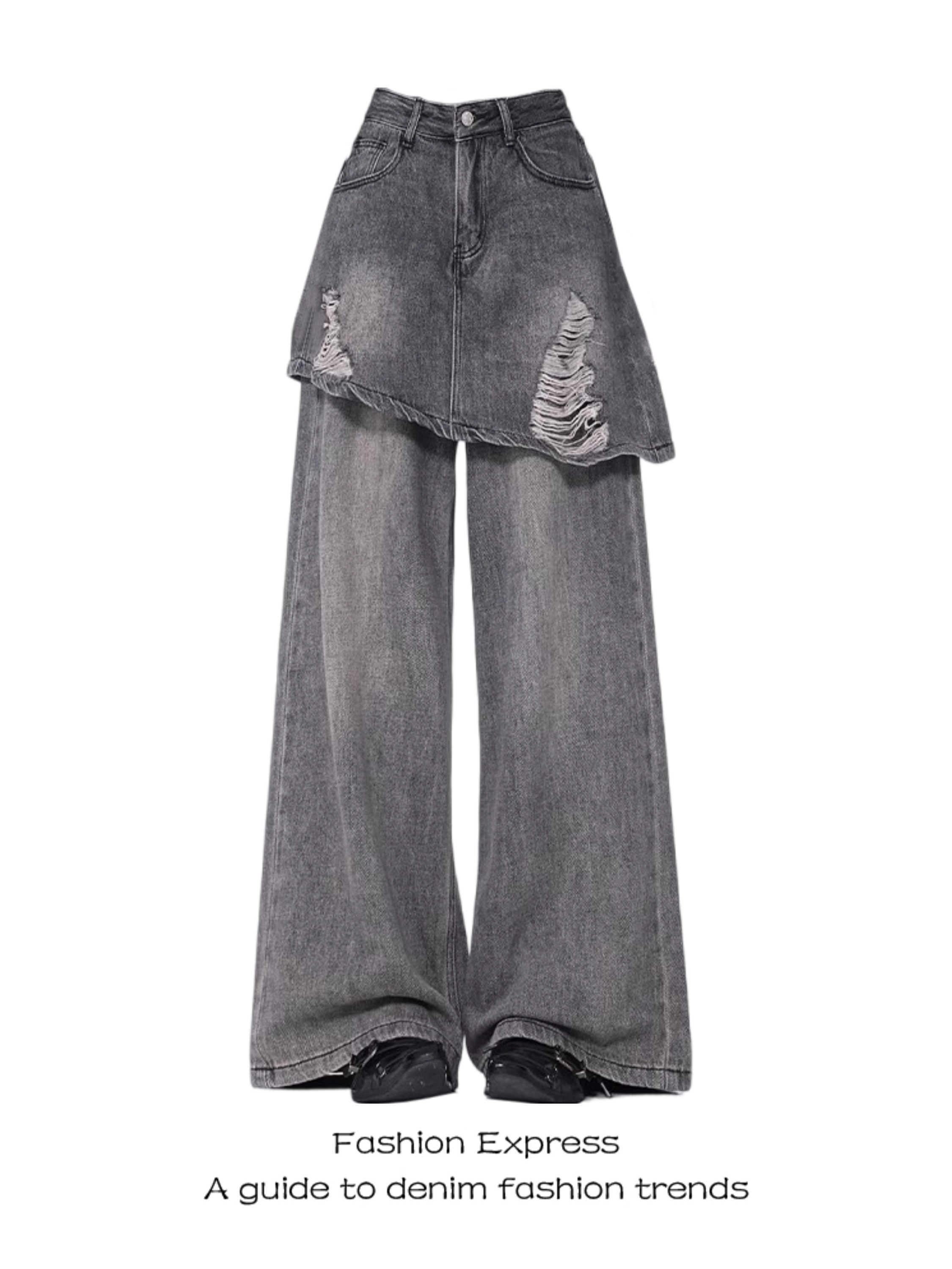 Vintage Distressed Denim Pants-Skirt One-Piece Women’s Ripped Straight-Leg Floor-Length for Spring & Autumn Fashion 2025