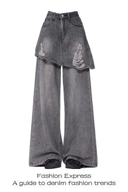 Vintage Distressed Denim Pants-Skirt One-Piece Women’s Ripped Straight-Leg Floor-Length for Spring & Autumn Fashion 2025