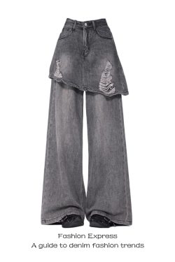 Vintage Distressed Denim Pants-Skirt One-Piece Women’s Ripped Straight-Leg Floor-Length for Spring & Autumn Fashion 2025