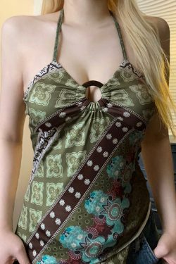 Vintage Elements Irregular Patterned Backless Women's Tank Top with Neck-Hanging Strap and Round Ring Buckle, Y2K Style
